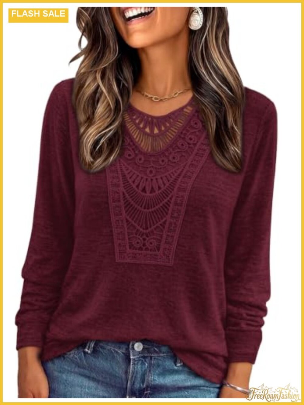 Boho Long Sleeve V-Neck Lace Blouse Pullover Top Fall Winter Casual